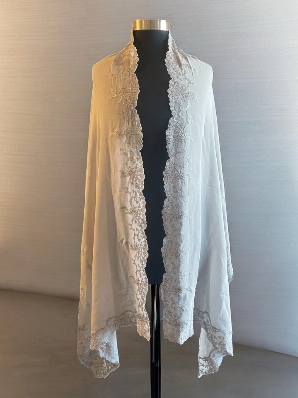 Franco Ferrari Luxury 100% Silk Delicate Lace-Golden Trim Light Grey Shawl Scarf